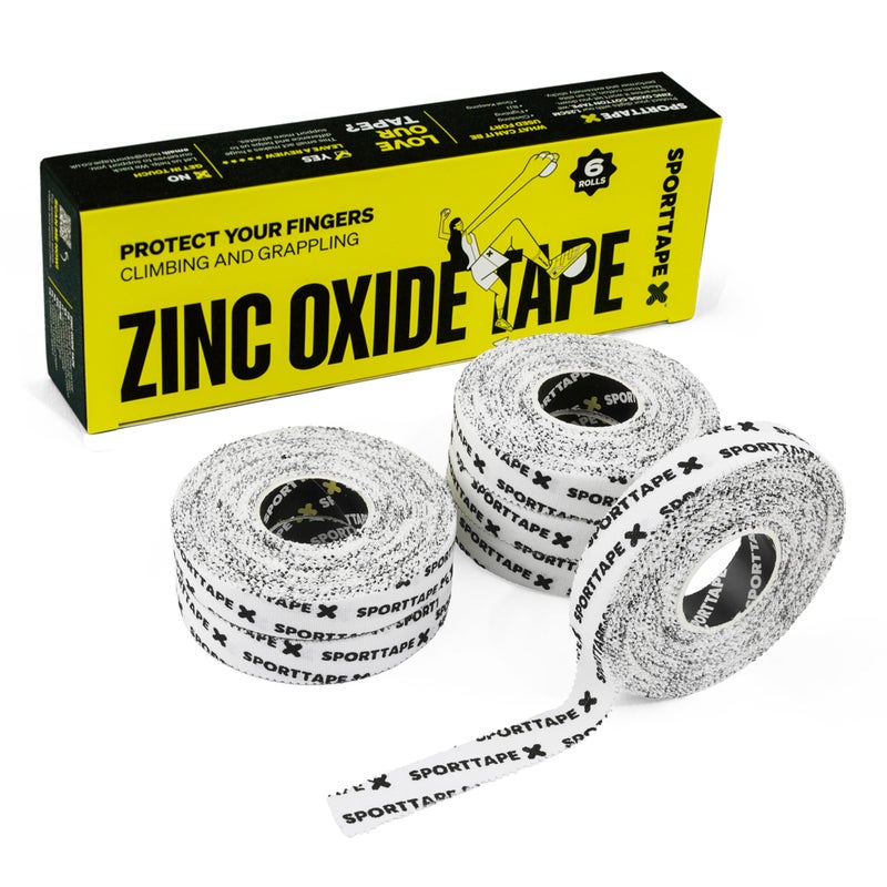 SPORTTAPE Finger Tape - 6 Rolls - 1.25cm x 13m Per Roll - Non-Stretch Zinc Oxide Athletic Sports Tape for Climbing, BJJ, Weightlifting and Injury Strapping | Strong Glue | Blisters, Joints & Grip